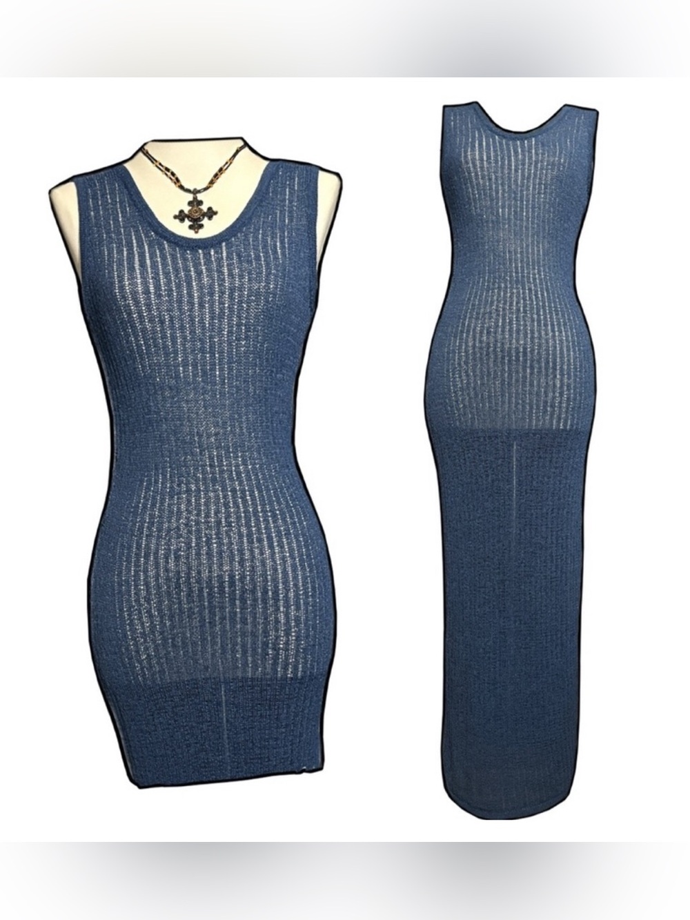 NWT Shade & Shore Navy Blue Sheer Ribbed Knit Bodycon Maxi Dress